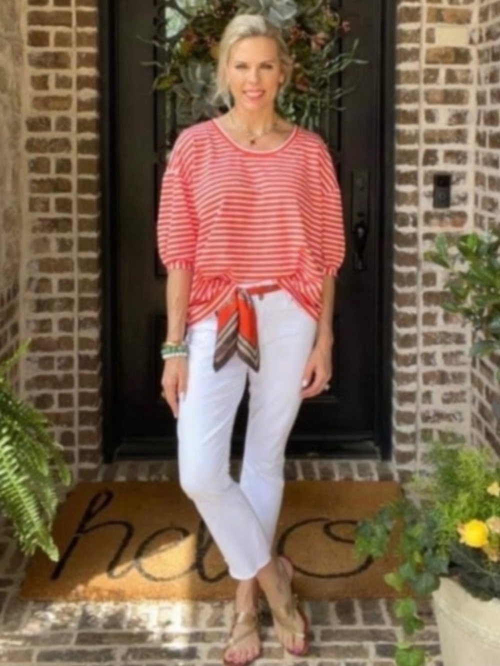 CAbi Poolside Tee Orange and White Striped Tie-Front Top, Size XS extra small
